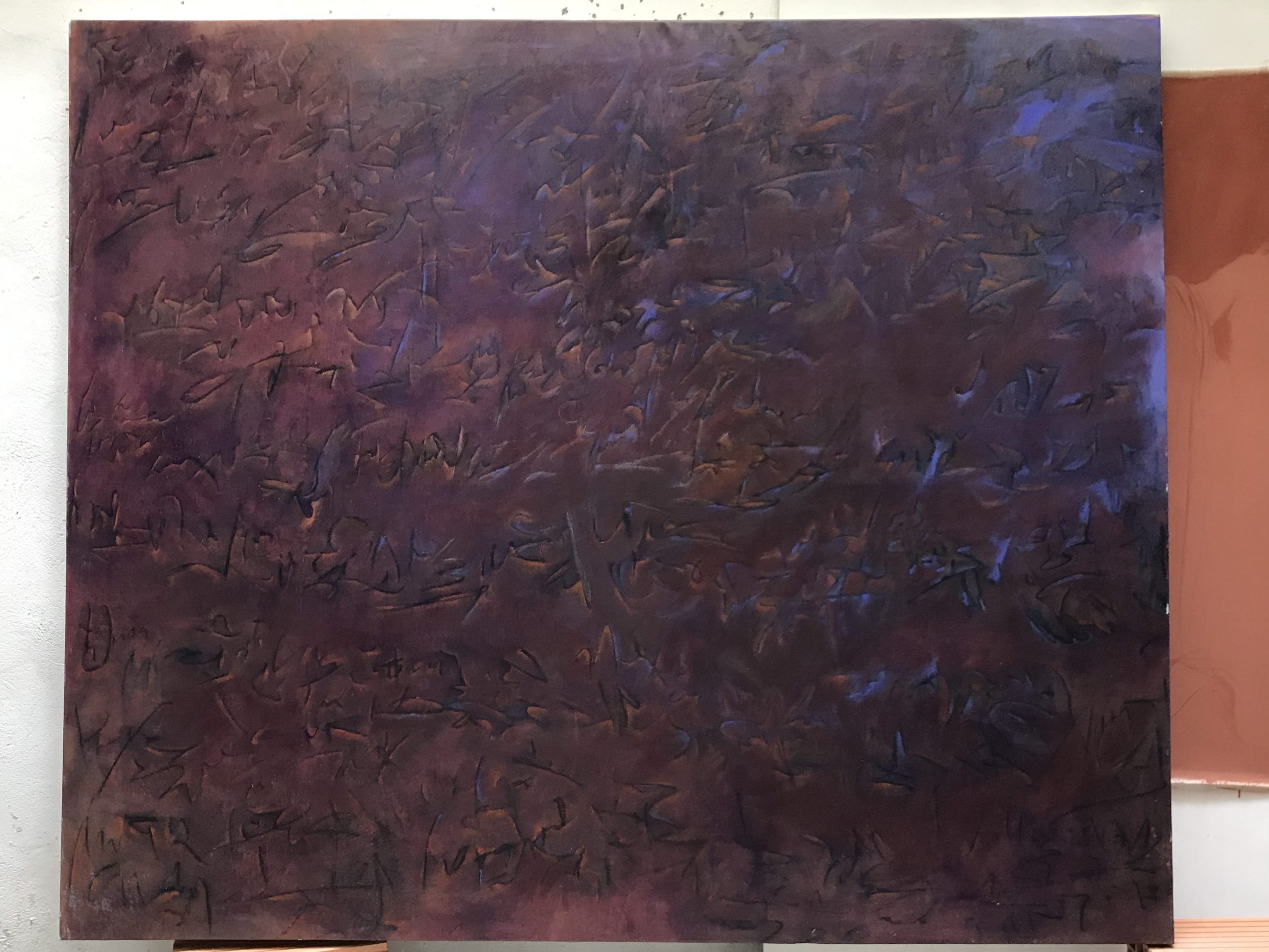 abstract reddish purple text-oriented painting by Diana Hajji